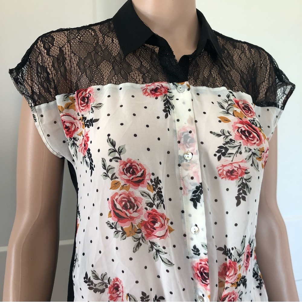 Daniel Rainn Cream Black Lace Floral Tie Waist Top Blouse XS - Picture 3 of 3